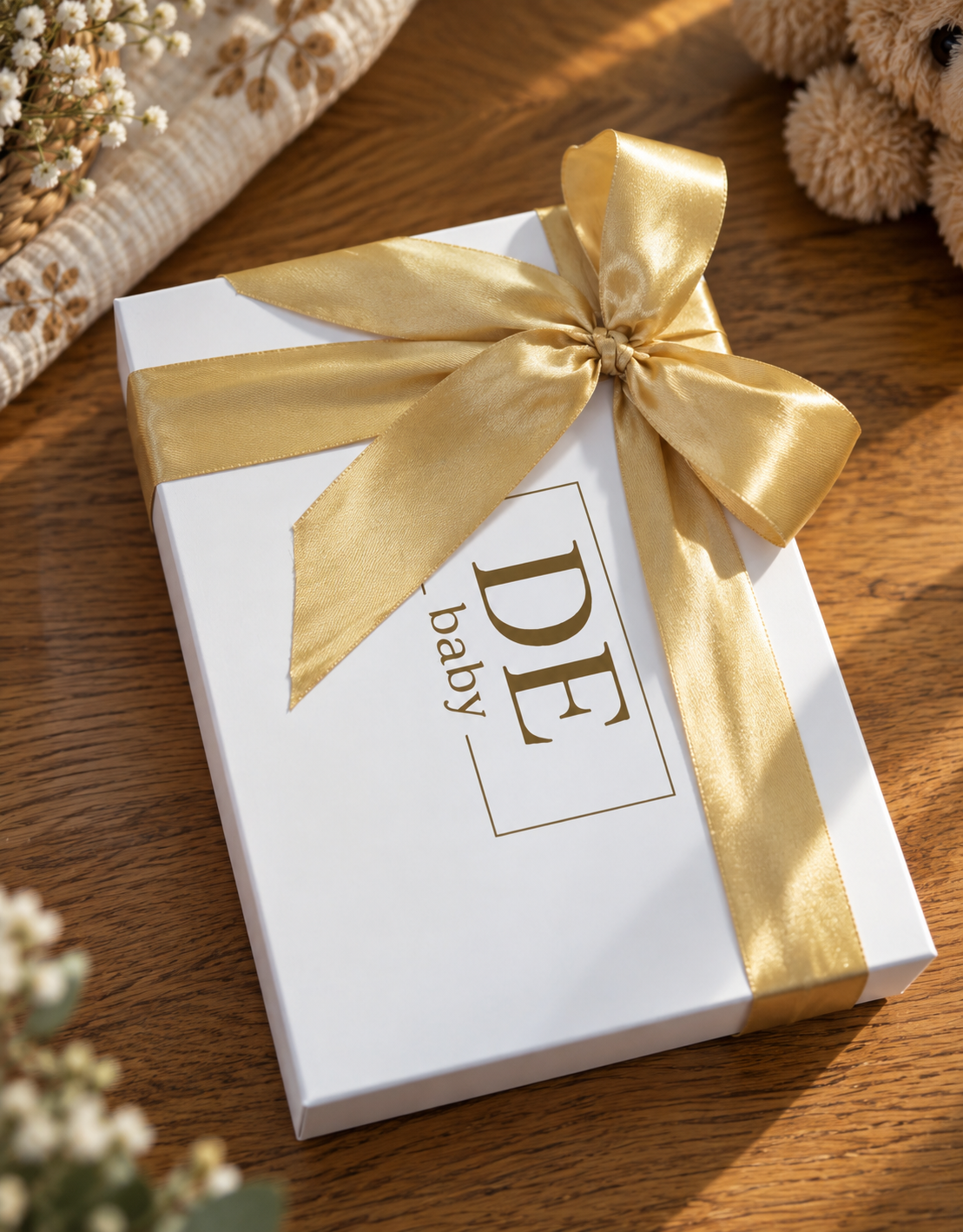 DE Baby Geschenkbox mit goldener Schleife für das Kleine Schätze Baby Geschenkset